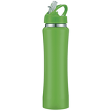 A drink bottle in bright green with a sleek design and a flip-top straw. It features a branding logo.