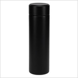 A drink bottle in sleek black with a cylindrical shape and a rounded lid, featuring a logo on the surface.