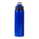 A drink bottle in a vibrant blue colour with a black, secure flip-top lid and a branding logo.