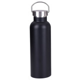 A drink bottle in matte black with a stainless steel lid and a metal handle. Features a simple, sleek design.