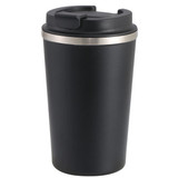A black plastic tumbler with a stainless steel band and a secure lid. It features a logo on the side.