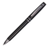 A black stylus plastic pen with a sleek design and a silver clip. It features a logo on the barrel.