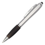 A silver plastic pen with a black grip and stylus tip, featuring a clip and a branding logo.