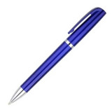 A blue plastic pen with a shiny finish and silver accents, featuring a clip at the top and a logo.