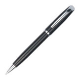 A sleek black metal pen with a shiny chrome accent and clip, featuring a logo.