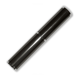 A sleek black pen tube with silver accents and a smooth finish. It features a logo on its surface.