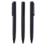 Three black metal pens are displayed side by side, each with a textured grip and a clip on the side.