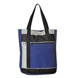 A tote bag featuring blue, grey, and black colours with a front zip pocket and a logo.