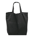 A tote bag in black fabric with two handles, suitable for carrying various items.