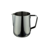A stainless steel milk jug with a sleek, polished finish and a sturdy handle. It features a spout for pouring. A stainless steel milk jug with a sleek, polished finish and a sturdy handle. It features a spout for pouring.