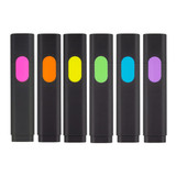 Six highlighters in black casings, featuring bright colours: pink, orange, yellow, green, blue, and purple. Each has a logo. Six highlighters in black casings, featuring bright colours: pink, orange, yellow, green, blue, and purple. Each has a logo.
