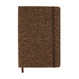 A brown A5 notebook with a textured cover and a brown elastic band, featuring a logo on the front. A brown A5 notebook with a textured cover and a brown elastic band, featuring a logo on the front.