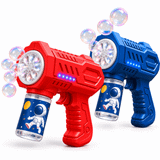 A red and blue bubble gun with bubble-producing lights and a bubble solution container featuring an astronaut design.