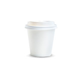 A white paper coffee cup with a lid, 180ml capacity, featuring a logo on the surface.