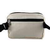 A beige cotton belt bag with a black zipper and adjustable strap, featuring a logo on the front.