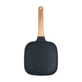 A square grill pan with a non-stick surface and a wooden handle, featuring a black speckled design.
