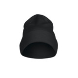 A black beanie featuring a ribbed design, showcasing a simple, fold-over style and has a logo.