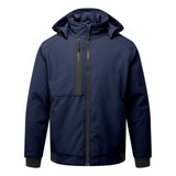 A navy blue insulated softshell jacket with a hood and zippered front pockets. It features a logo on the chest area.