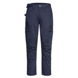 Navy blue eco stretch trade pants featuring multiple pockets and a fitted design, with a branding logo present.
