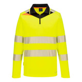 A long-sleeved hi-visibility polo shirt in bright yellow with reflective stripes and a black collar. It features a logo.
