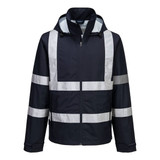 A lightweight, packable rain jacket in navy with reflective stripes and a hood, featuring a logo.