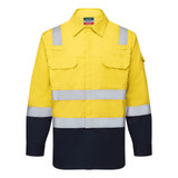 A two-tone work shirt featuring a bright yellow upper half and navy blue sleeves, adorned with reflective strips and a logo.