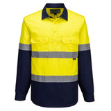 A long-sleeved shirt in bright yellow and navy, featuring reflective stripes and a logo on the chest.