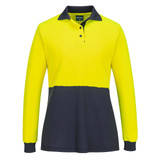 A long-sleeve polo shirt in hi-vis yellow with a navy blue contrast at the waist, featuring a collar and a logo.