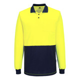 A long-sleeve polo shirt in bright yellow with a navy blue lower section and a pocket. Features a logo.