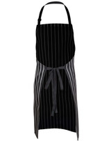 A black and white striped butcher's apron with a tie at the waist and a logo. Suitable for workwear.