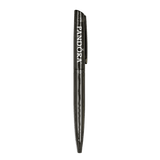 A metallic black ballpoint pen with a clip and a logo, featuring a sleek and elegant design.