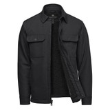 A black men's jacket with a sherpa lining, featuring buttoned chest pockets and a zip front. It has a logo on the inside.