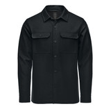 A black plaid shacket featuring two front pockets and a button-up design. It has a logo on the label.