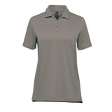 A women's short-sleeve polo shirt in grey, featuring a collar and a logo on the side.