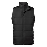 A black thermal vest featuring a zip closure and a puffer design. It has a branding logo.