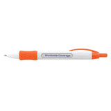 A plastic pen featuring an orange grip and clip, with the text "Worldwide Coverage" printed on the barrel.