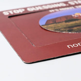 A magnetic photo frame in maroon, featuring a circular cut-out for displaying a photo, with a branding logo.