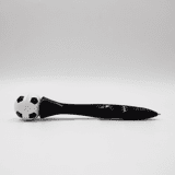 A black pen with a white soccer ball topper and black detailing, featuring a logo.