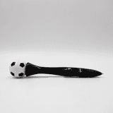 A black pen with a soccer ball design on top, featuring a glossy finish and a click mechanism.