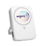 A white wireless charging power bank with a logo and a stand on the back.