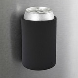 A drink can in a black magnetic stubby cooler attached to a metal surface.