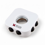 A white decompression finger spinner with three black buttons and a logo.
