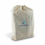 A drawstring bag in cream featuring a logo. The bag appears to contain wooden yard dice inside.