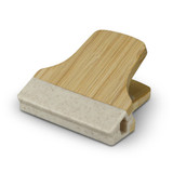 A bamboo clip with a light beige silicone grip, showcasing a natural wood finish and smooth edges.