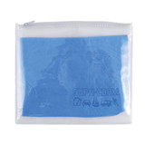 A pouch containing a blue Supa Cham chamois. The pouch features a transparent design with a zip closure and branding.
