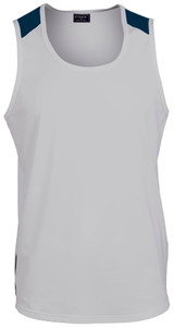 A men's singlet in white with navy accents and a logo on the neckline.