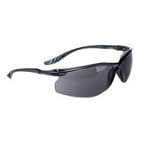 A pair of black safety spectacles with dark lenses and sleek design, featuring a logo on the side.