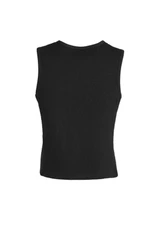 A black men's peaked vest featuring a ribbed texture and sleeveless design, with a logo on the back.