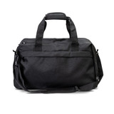 A black recycled duffle bag with dual handles and an adjustable shoulder strap. It features a logo.