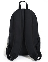 A black backpack with padded straps and mesh side pockets, featuring a sleek, minimalist design.